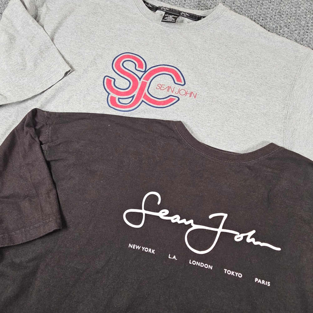 Sean John Graphic T-Shirt Bundle Mens XXL Grey SJ Logo Black Script 2pk read